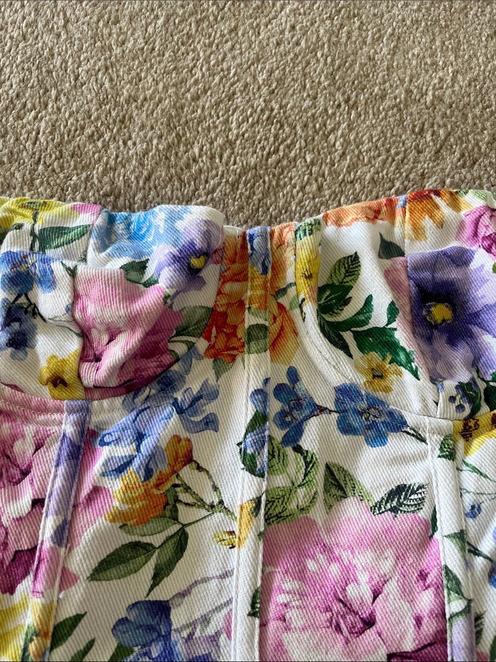 Vici Floral Peplum Corset Top in White with Pink, Blue & Yellow Blooms - Picture 2 of 6